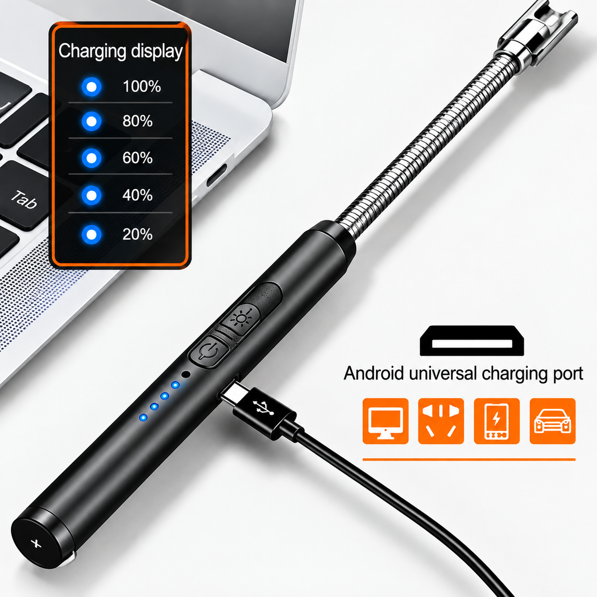 Briquet électronique portable rechargeable par USB pour cuisine extérieure, avec verrou de sécurité, écologique, pour bougies et cuisinières à gaz (sans gaz ni huile)