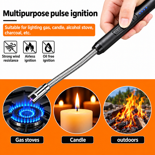 Briquet électronique portable rechargeable par USB pour cuisine extérieure, avec verrou de sécurité, écologique, pour bougies et cuisinières à gaz (sans gaz ni huile)